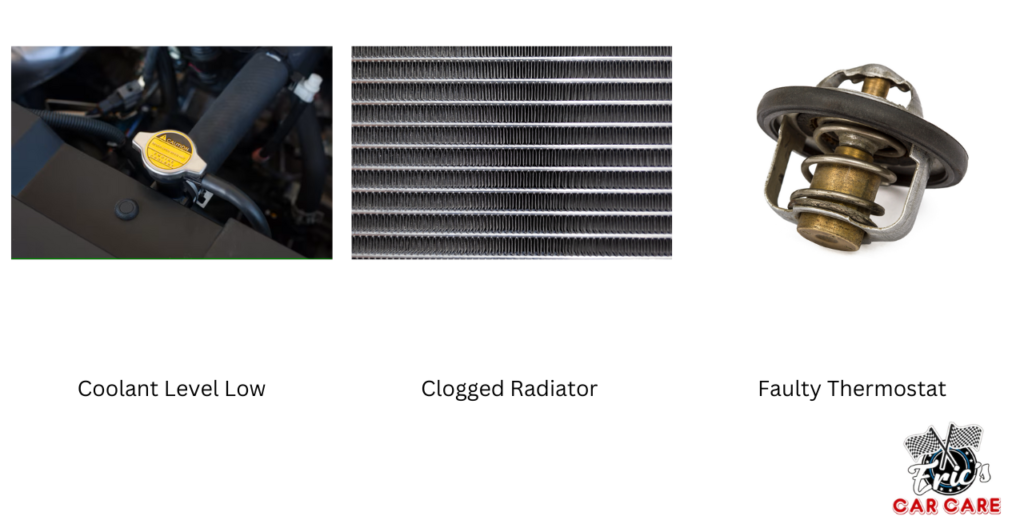 Coolant temperature sensor displayed, highlighting concerns of low coolant level, radiator blockage, and thermostat malfunction