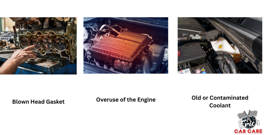 Illustration depicting stages of engine maintenance, highlighting issues like blown head gasket and contaminated coolant