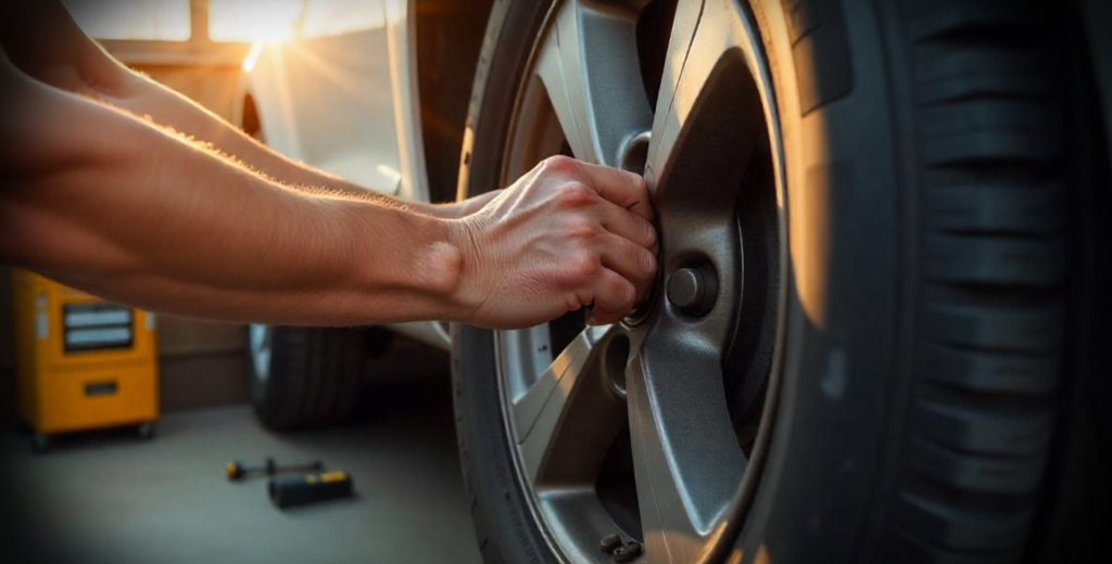 A man is reinstalling a wheel on a car after changing the tire, demonstrating practical automotive skills.