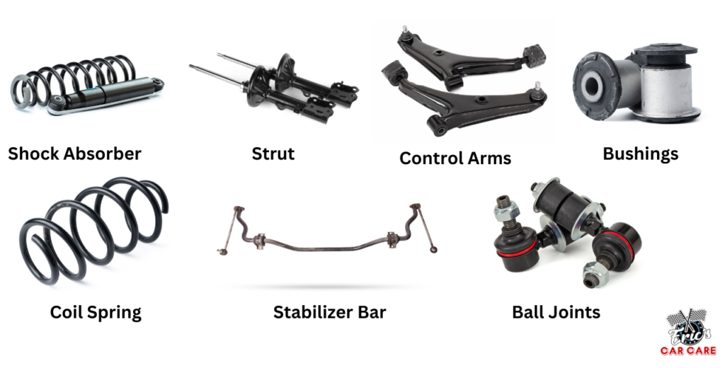 A collection of car suspension system parts, showcasing various types essential for vehicle performance and stability.