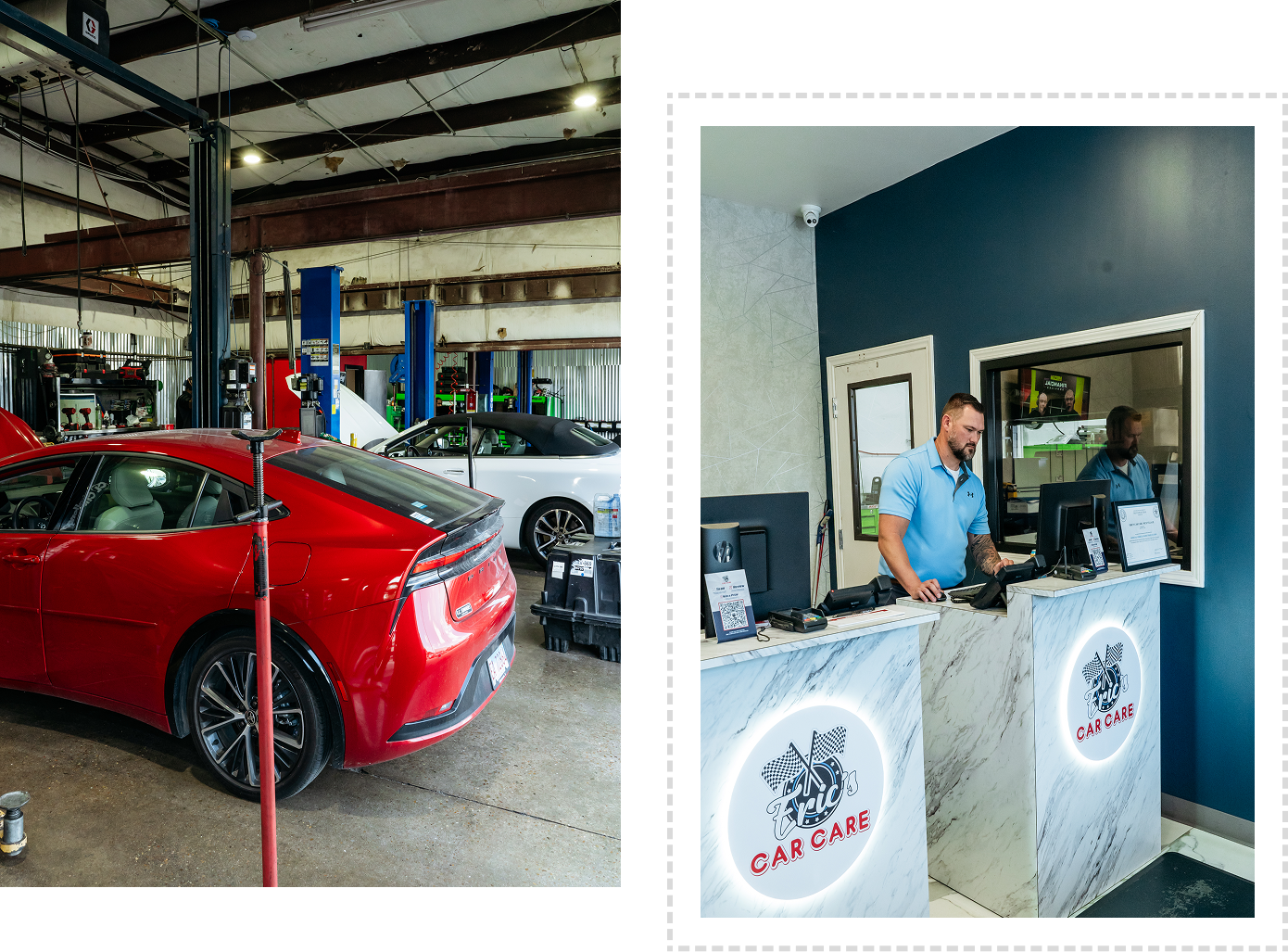 A split-view image showing a busy service bay with a red sedan undergoing maintenance and a professional reception desk at Eric's Car Care where a staff member assists customers.