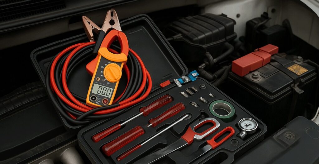 A car trunk filled with tools and electrical equipment for testing a car battery.
