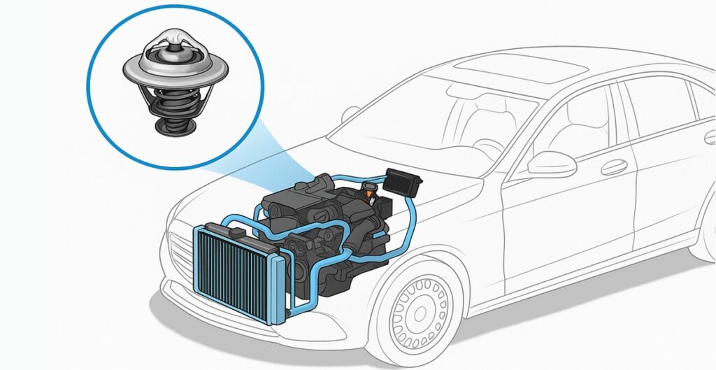 A car engine and radiator, illustrating symptoms of a malfunctioning thermostat in vehicles.
