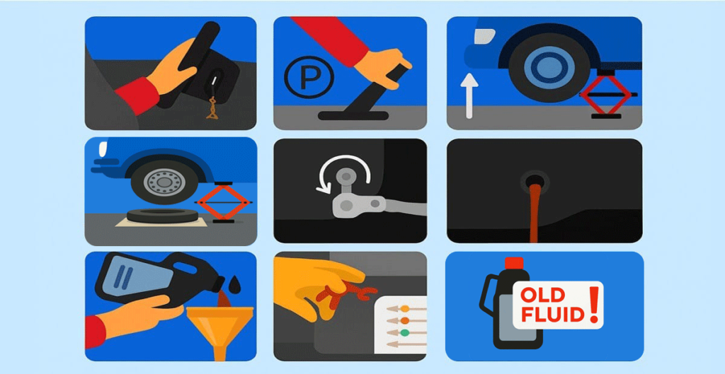Set of icons showing car maintenance types, highlighting the process of changing transmission fluid