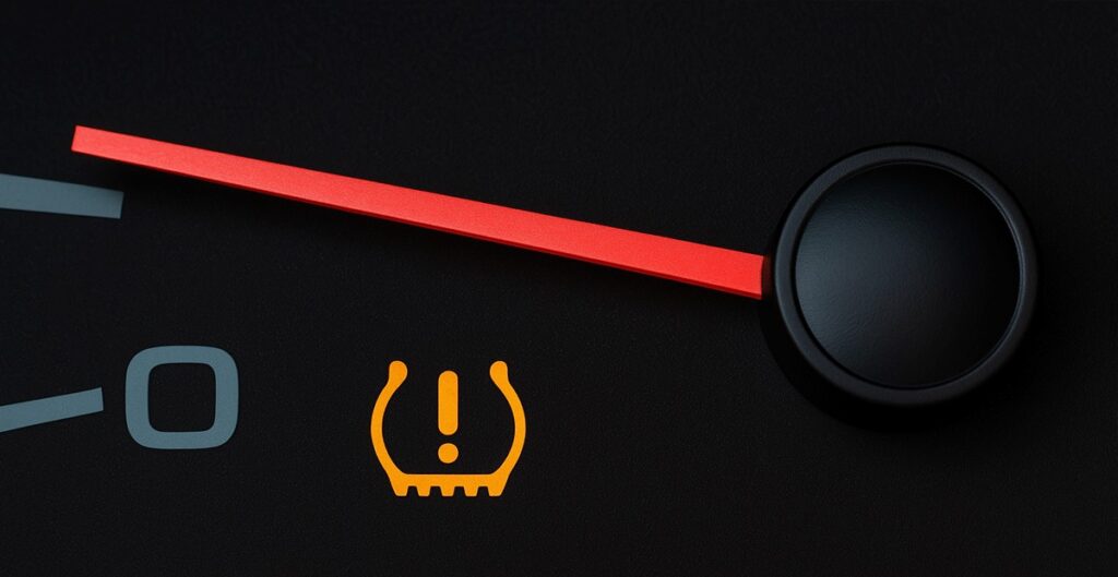 A car's dashboard displaying a tire pressure warning light illuminated in red.