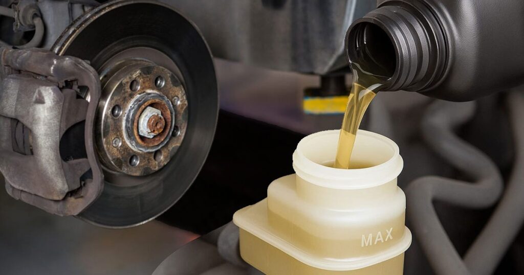 A person pouring oil into a car's brake system as part of a DIY brake fluid flush guide.