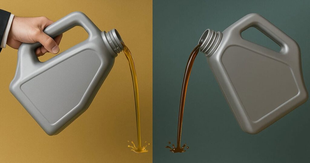 Two images show a man pouring oil into a container, highlighting the decision between synthetic and conventional oil types.
