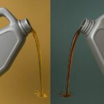 Two images show a man pouring oil into a container, highlighting the decision between synthetic and conventional oil types.