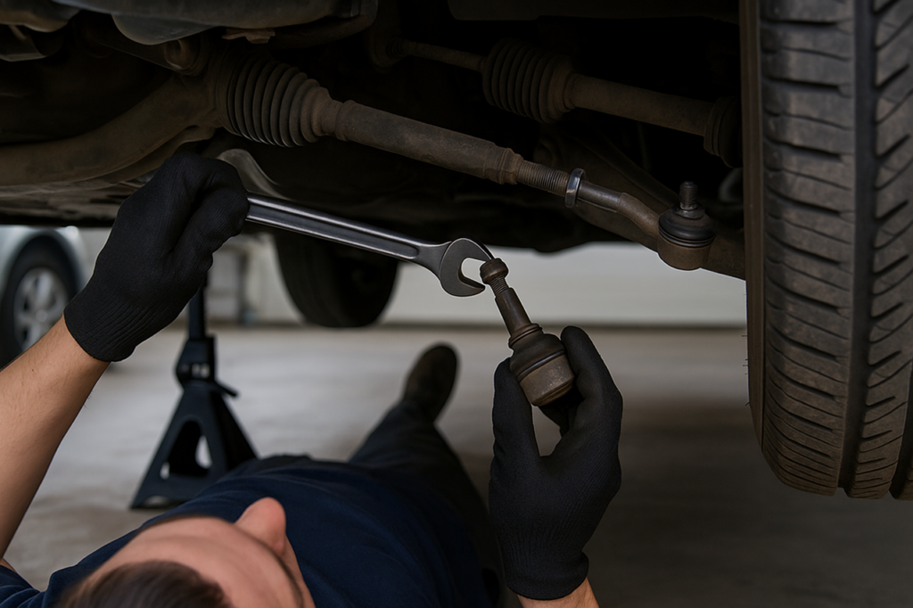 A man in gloves is engaged in maintenance work on a car.
