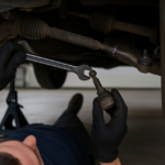 A man in gloves is engaged in maintenance work on a car.