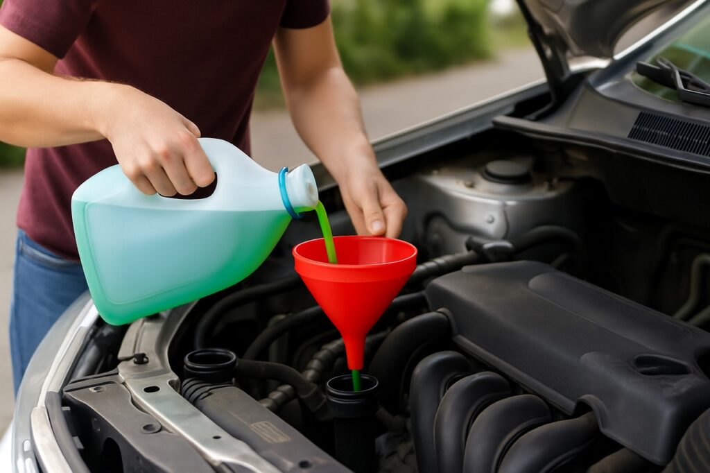 Person pouring green engine coolant into a car using a red funnel, with the vehicle hood open during routine car maintenance