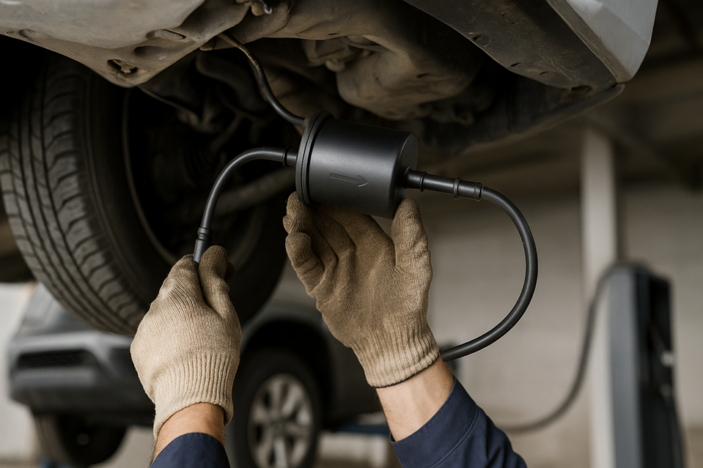 Mechanic wearing gloves installing a black inline fuel filter under a car, showing the fuel system and part of the wheel and undercarriage
