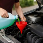 Person pouring green engine coolant into a car using a red funnel, with the vehicle hood open during routine car maintenance
