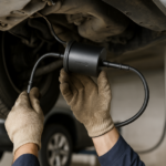 Mechanic wearing gloves installing a black inline fuel filter under a car, showing the fuel system and part of the wheel and undercarriage