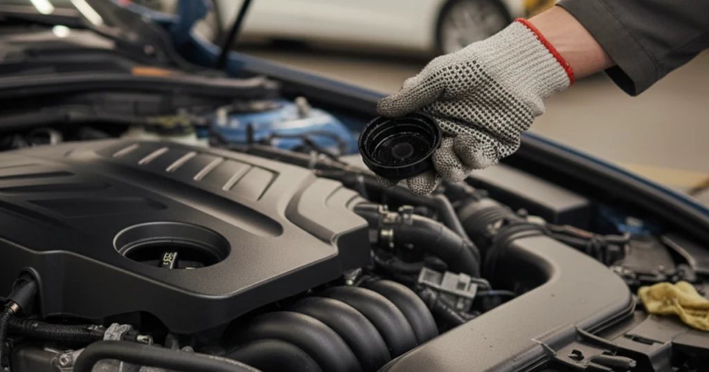 A gloved hand hovers over a car engine, indicating a check on the brake fluid as part of vehicle maintenance.