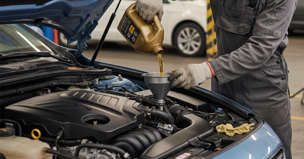A man pouring oil into a car engine, illustrating the process and duration of an oil change.