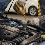 A man pouring oil into a car engine, illustrating the process and duration of an oil change.