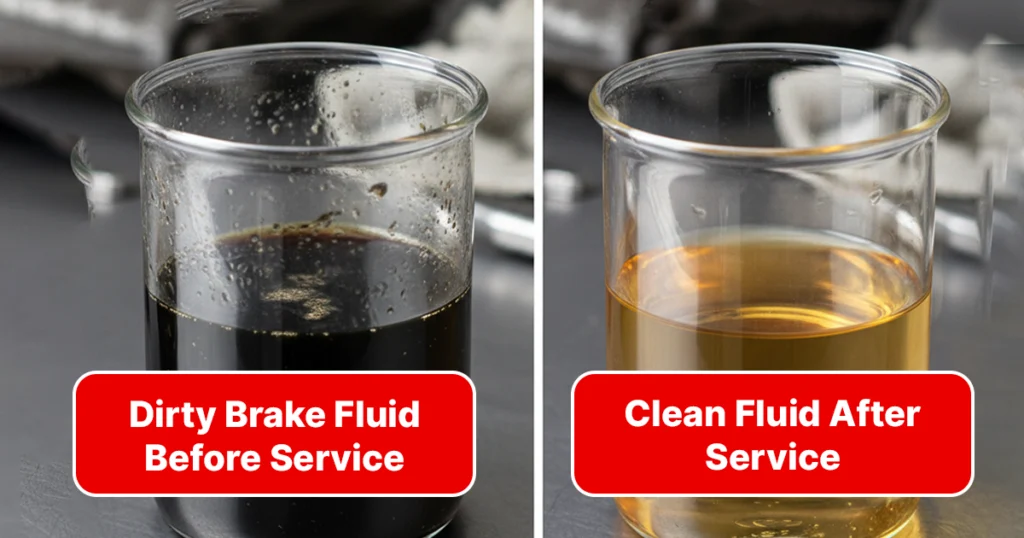 Two images showing brake fluid before and after cleaning, highlighting the color change and clarity improvement.