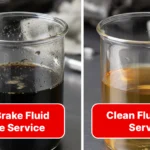 Two images showing brake fluid before and after cleaning, highlighting the color change and clarity improvement.