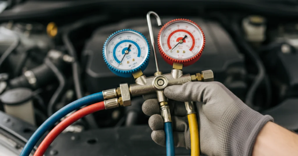 A person testing a car engine's fuel pump by holding two gauges for measurement.