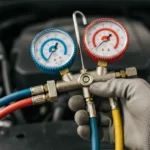 A person testing a car engine's fuel pump by holding two gauges for measurement.