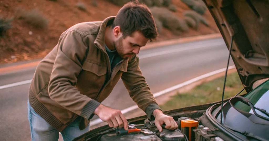 Car battery died and driver checking under hood