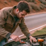 Car battery died and driver checking under hood