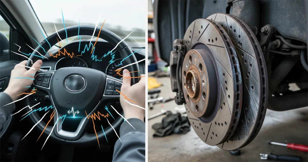 Vibrating steering wheel and a car's brake disc/caliper.