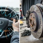 Vibrating steering wheel and a car's brake disc/caliper.