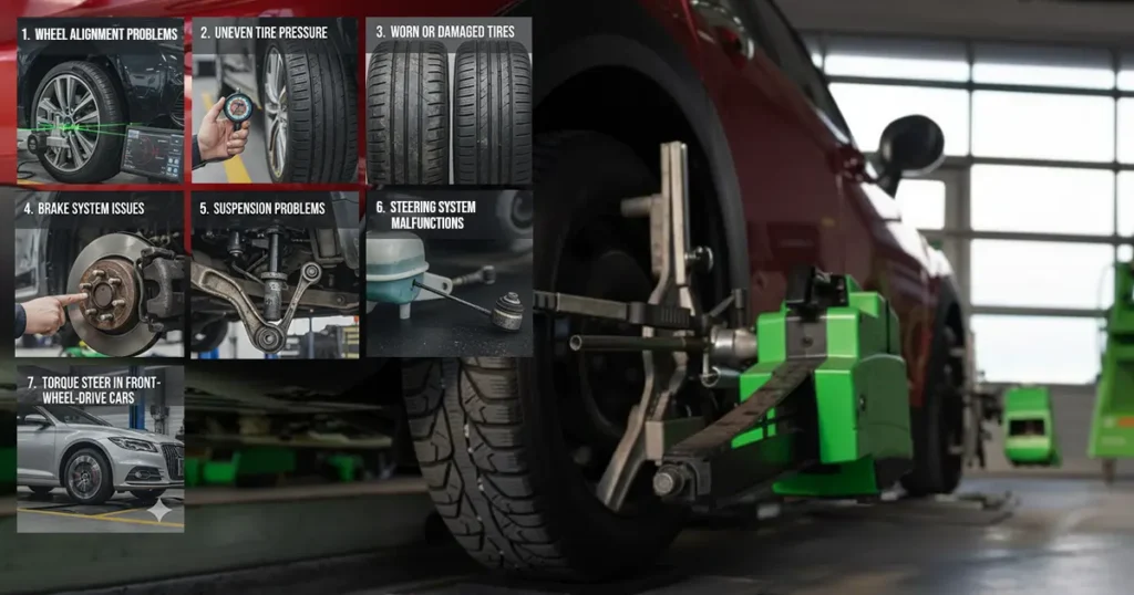 fixable causes of a car pulling sideways illustrated on vehicle alignment display.