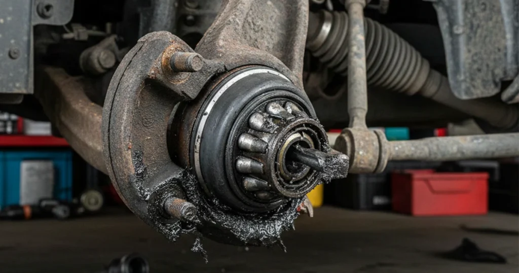Broken wheel bearing showing top reasons for a clunking noise when turning the steering wheel.