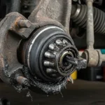 Broken wheel bearing showing top reasons for a clunking noise when turning the steering wheel.