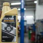 Hand holding a bottle of synthetic motor oil inside an auto repair shop.