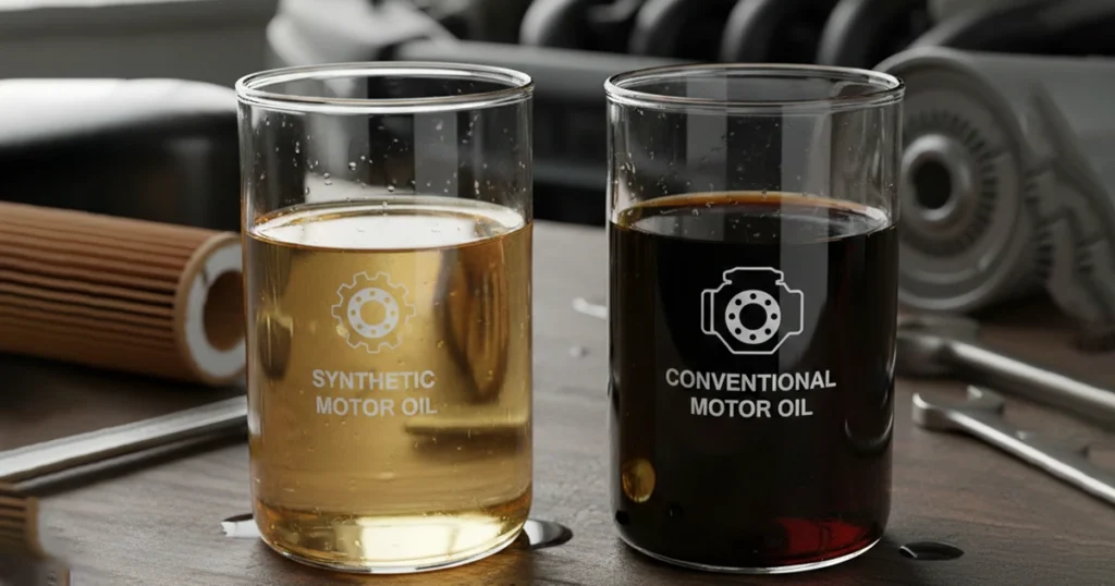 Glass comparison showing clear synthetic motor oil vs dark conventional oil.