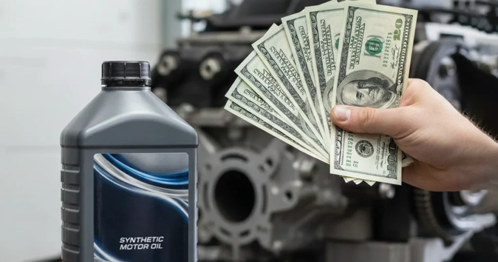Hand holding cash next to a bottle of synthetic motor oil in an auto shop
