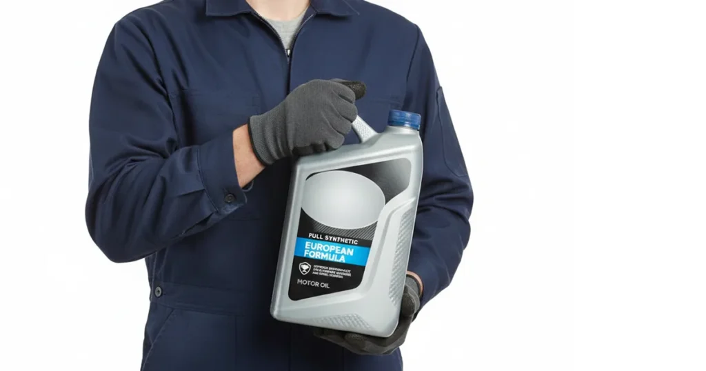 Mechanic holding a container of european synthetic motor oil.