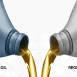 European oil vs regular oil being poured from two bottles.