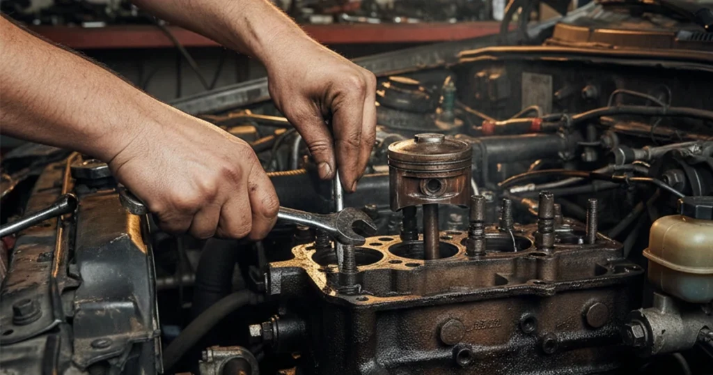 Mechanic using wrenches to repair an engine block with exposed pistons.