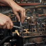 Mechanic using wrenches to repair an engine block with exposed pistons.