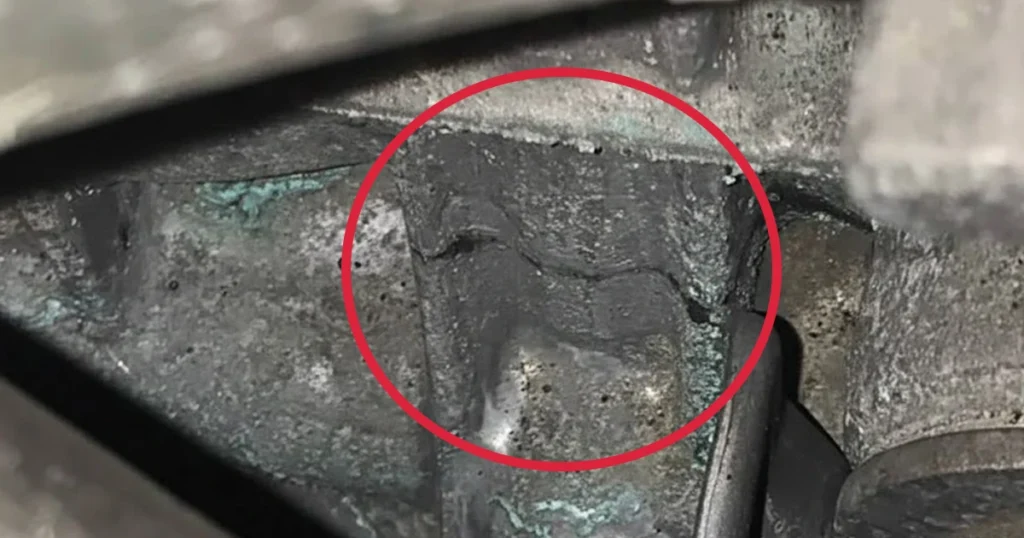Cracked engine block highlighted in a red circle.