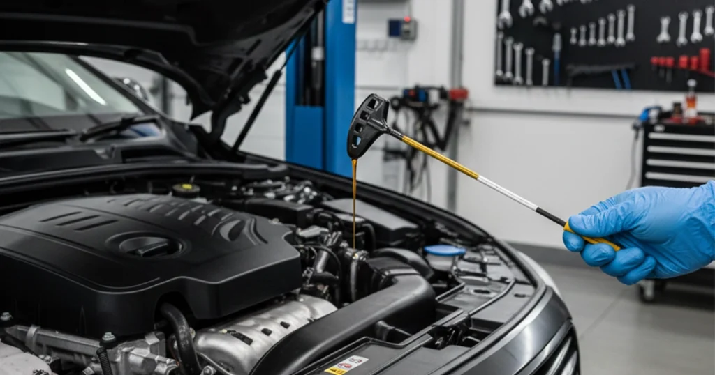 Checking engine oil with a dipstick in the car engine.