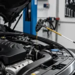 Checking engine oil with a dipstick in the car engine.