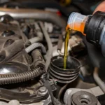 Pouring fresh oil into a car engine to protect it.