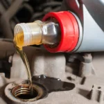 Pouring the correct engine oil into a car engine.