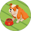 A dog rests on the grass with a bowl of food nearby.
