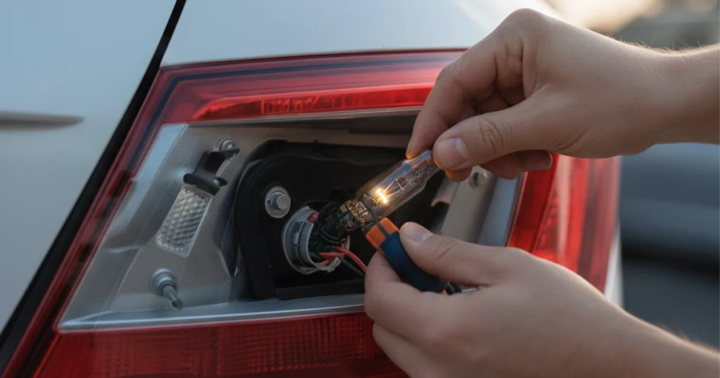 Comparing worn and new car brake pads by hand.