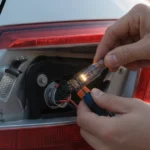 Comparing worn and new car brake pads by hand.