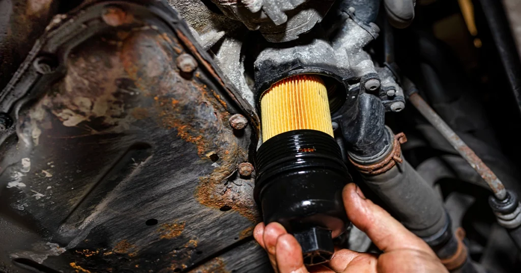 Mechanic holding engine oil filter for replacement