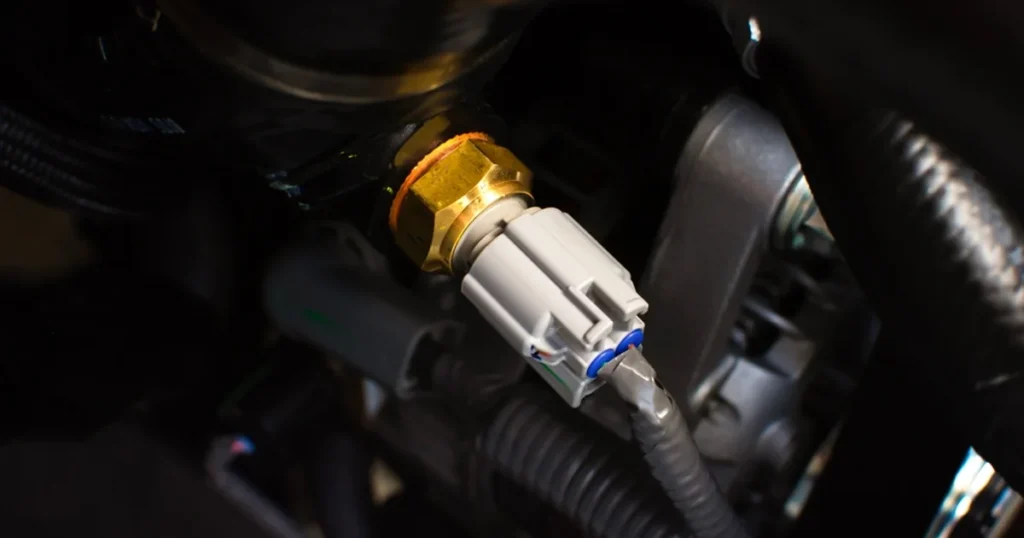 Close-up of a new grey electrical connector being plugged into a brass oil pressure sensor on a car engine.