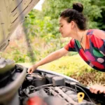 A woman leaning over an open car hood in a driveway, inspecting the engine for leaks or smoke.